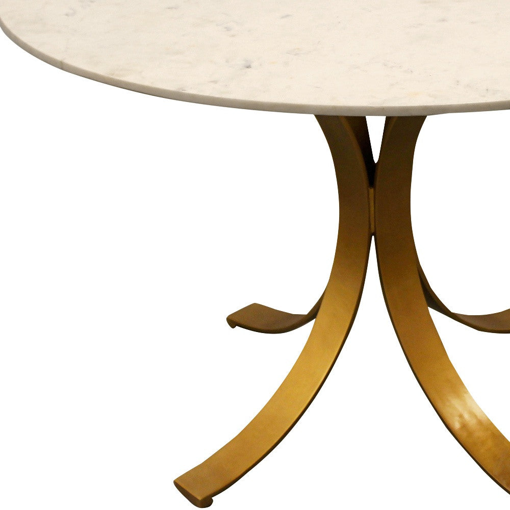 Ivory And Brass Rounded Marble And Iron Pedestal Base Dining Table