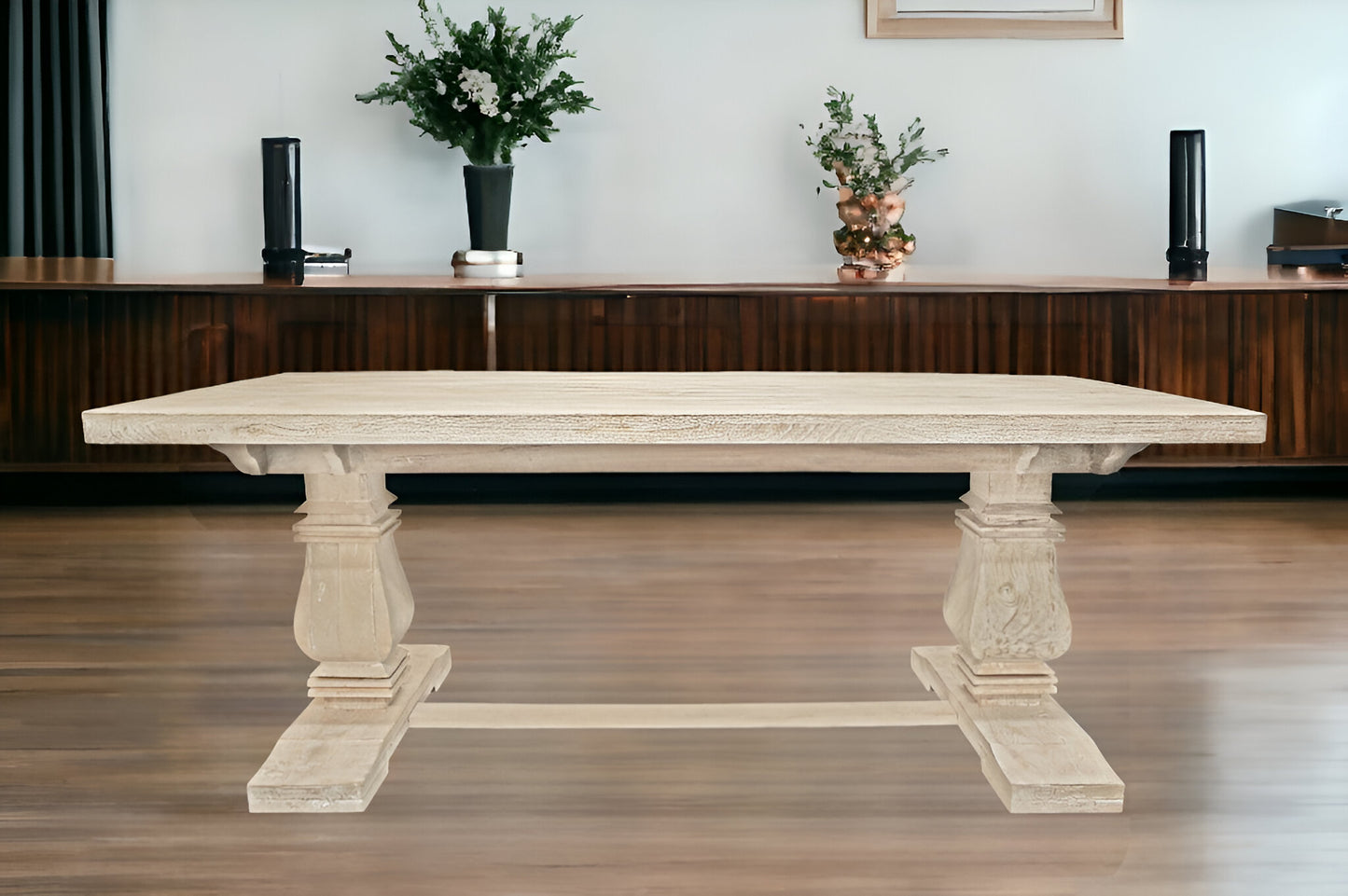 Antiqued White Solid Wood Trestle Base Dining Table