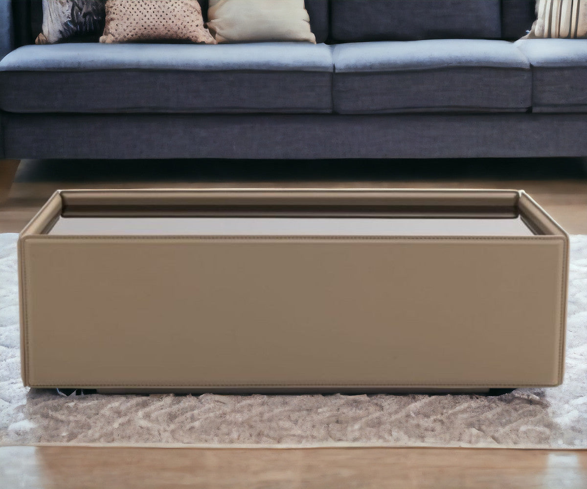 Beige & Black Faux Leather & Glass Coffee Table