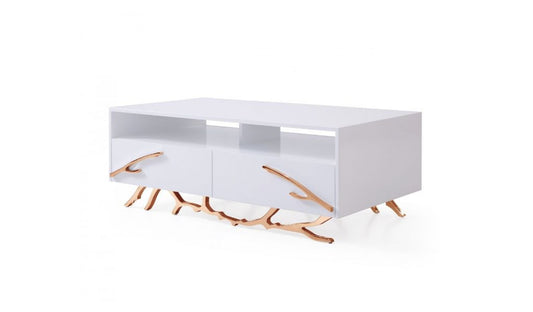 Rosegold & White Coffee Table w/ 2 Drawers & 2 Shelves