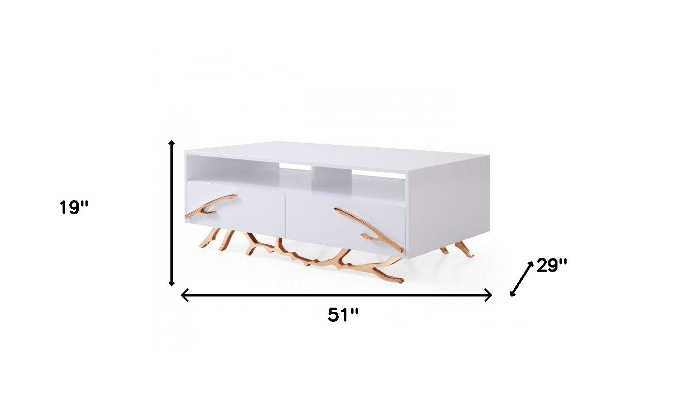Rosegold & White Coffee Table w/ 2 Drawers & 2 Shelves