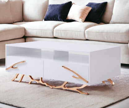 Rosegold & White Coffee Table w/ 2 Drawers & 2 Shelves