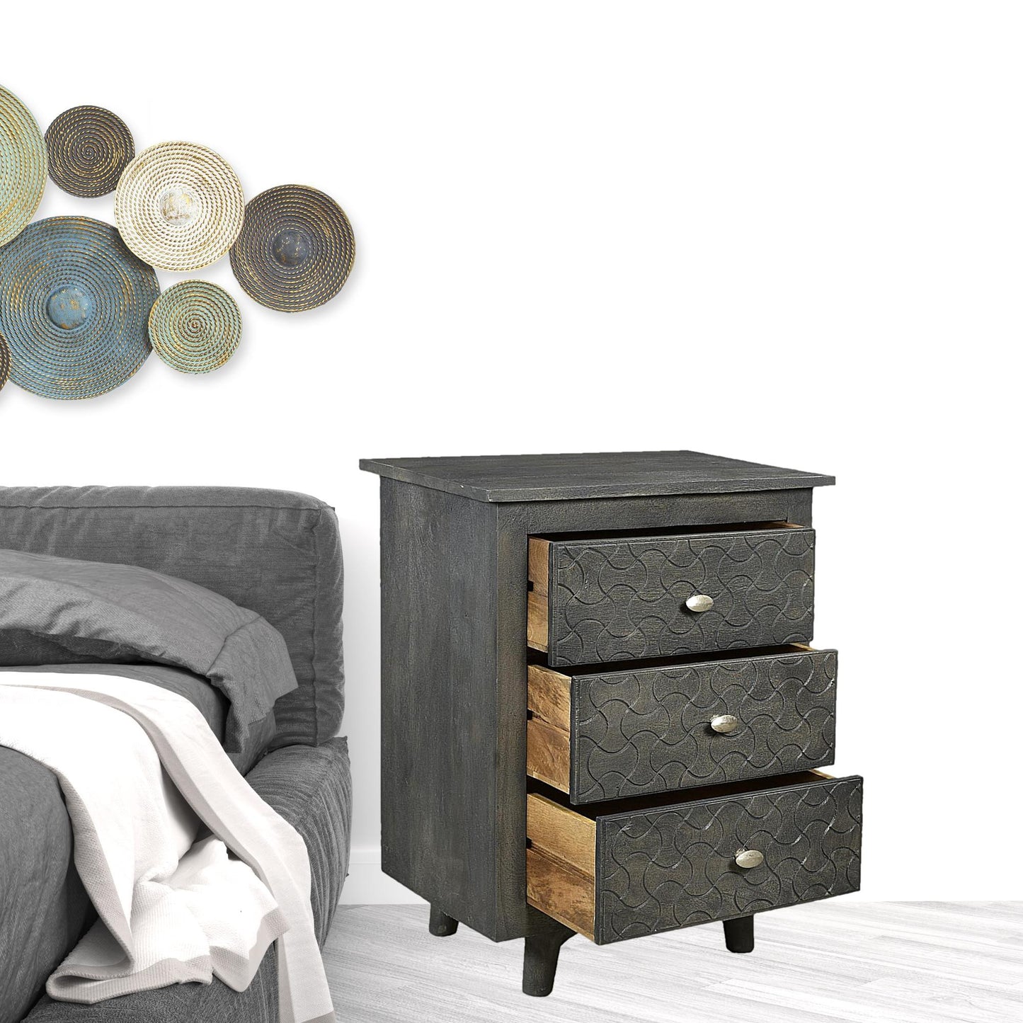Gray Three Drawer Nightstand