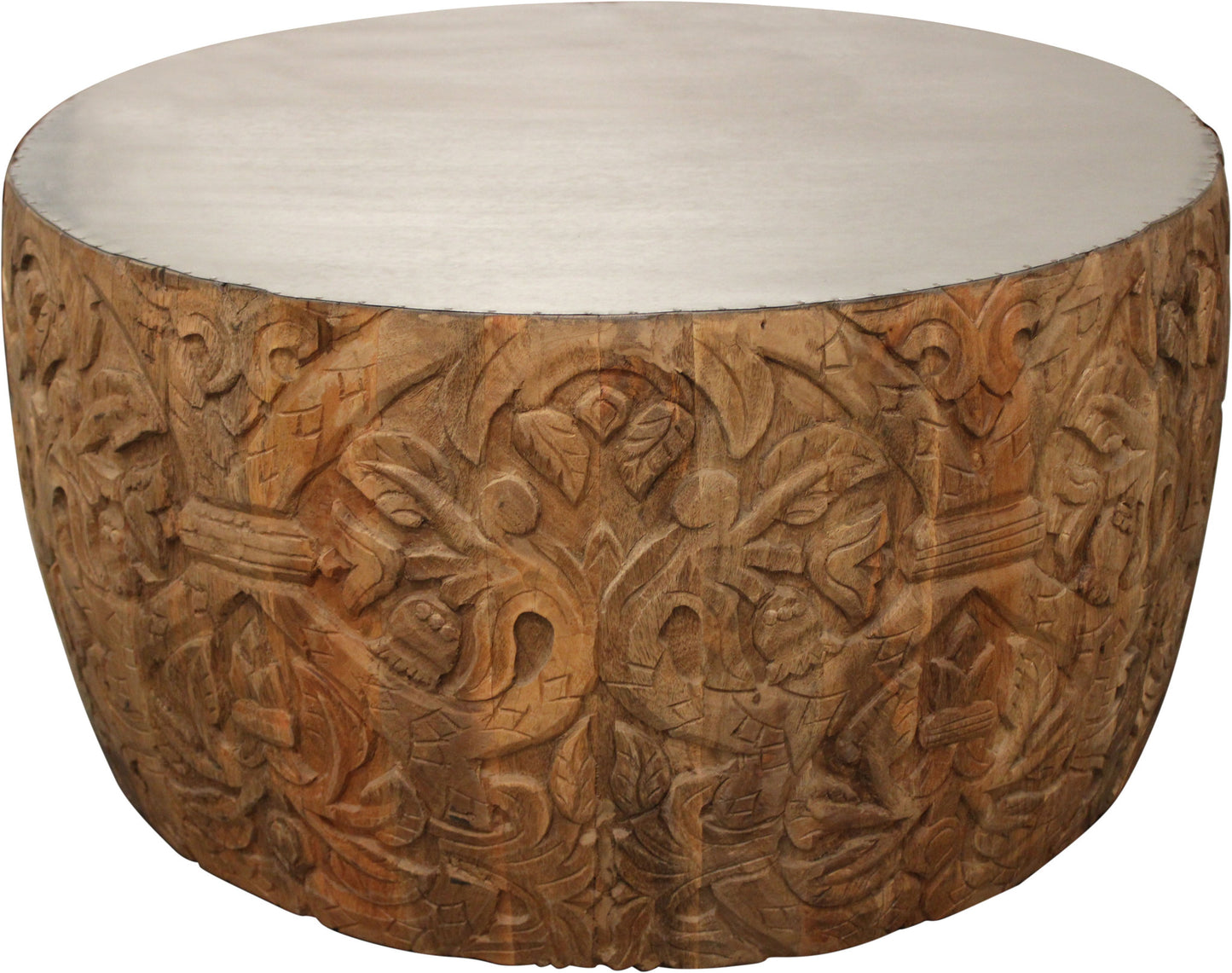 White & Natural Iron & Solid Wood Round Drum Coffee Table image 2