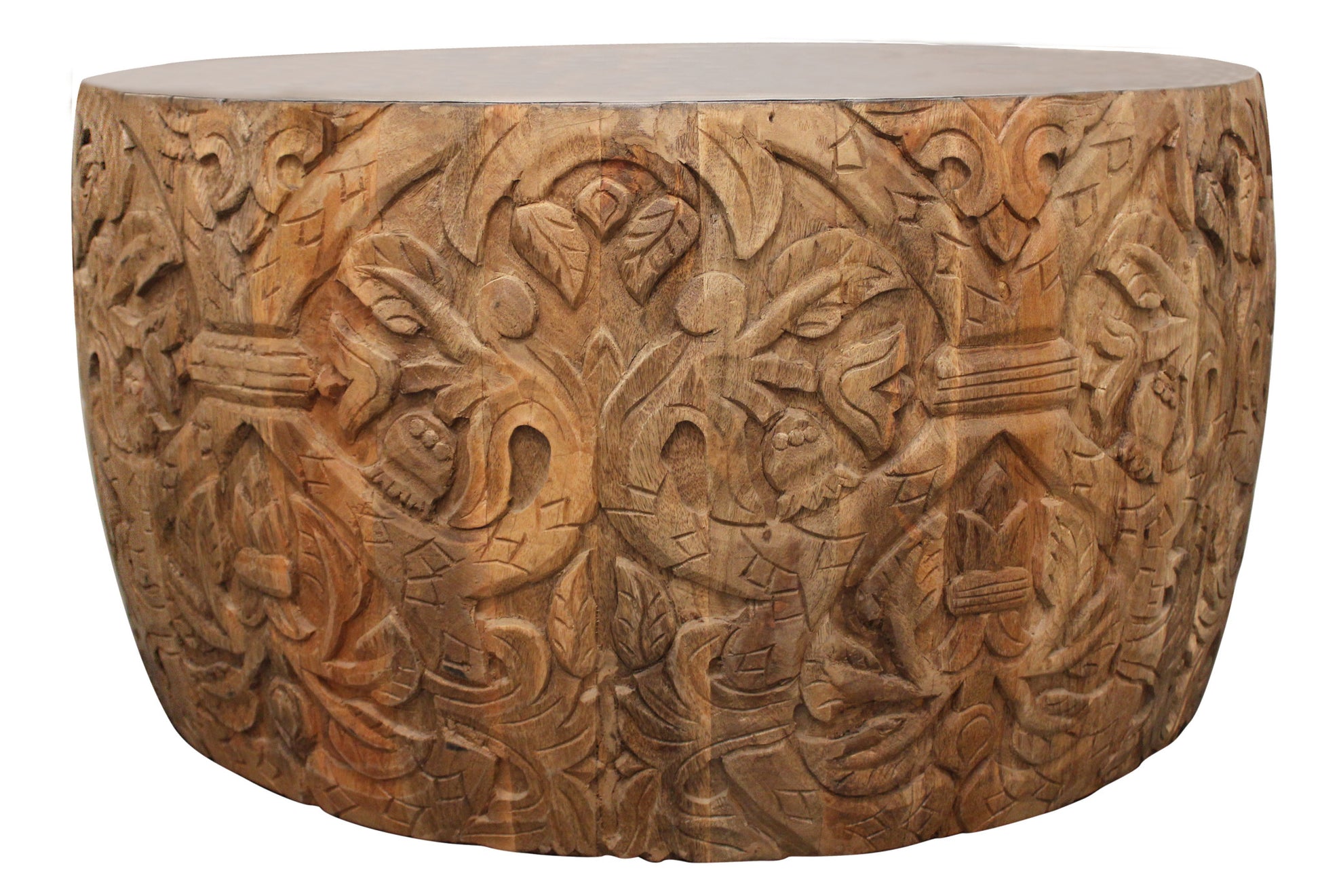 White & Natural Iron & Solid Wood Round Drum Coffee Table image 3
