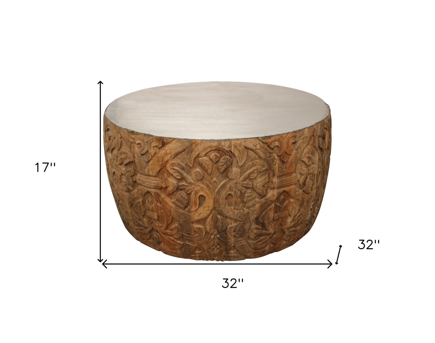 White & Natural Iron & Solid Wood Round Drum Coffee Table image 5