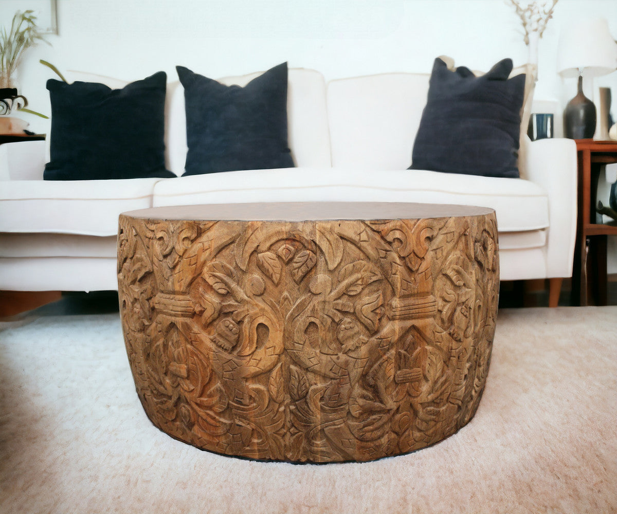 White & Natural Iron & Solid Wood Round Coffee Table