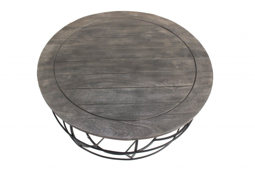 Gray Solid Wood Round Distressed Drum Drum Coffee Table image 2
