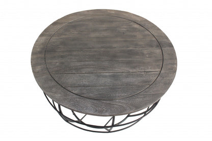 Gray Solid Wood Round Distressed Drum Drum Coffee Table image 2