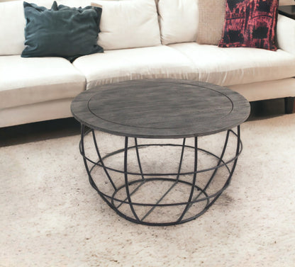 Gray Solid Wood Round Distressed Drum Drum Coffee Table image 1