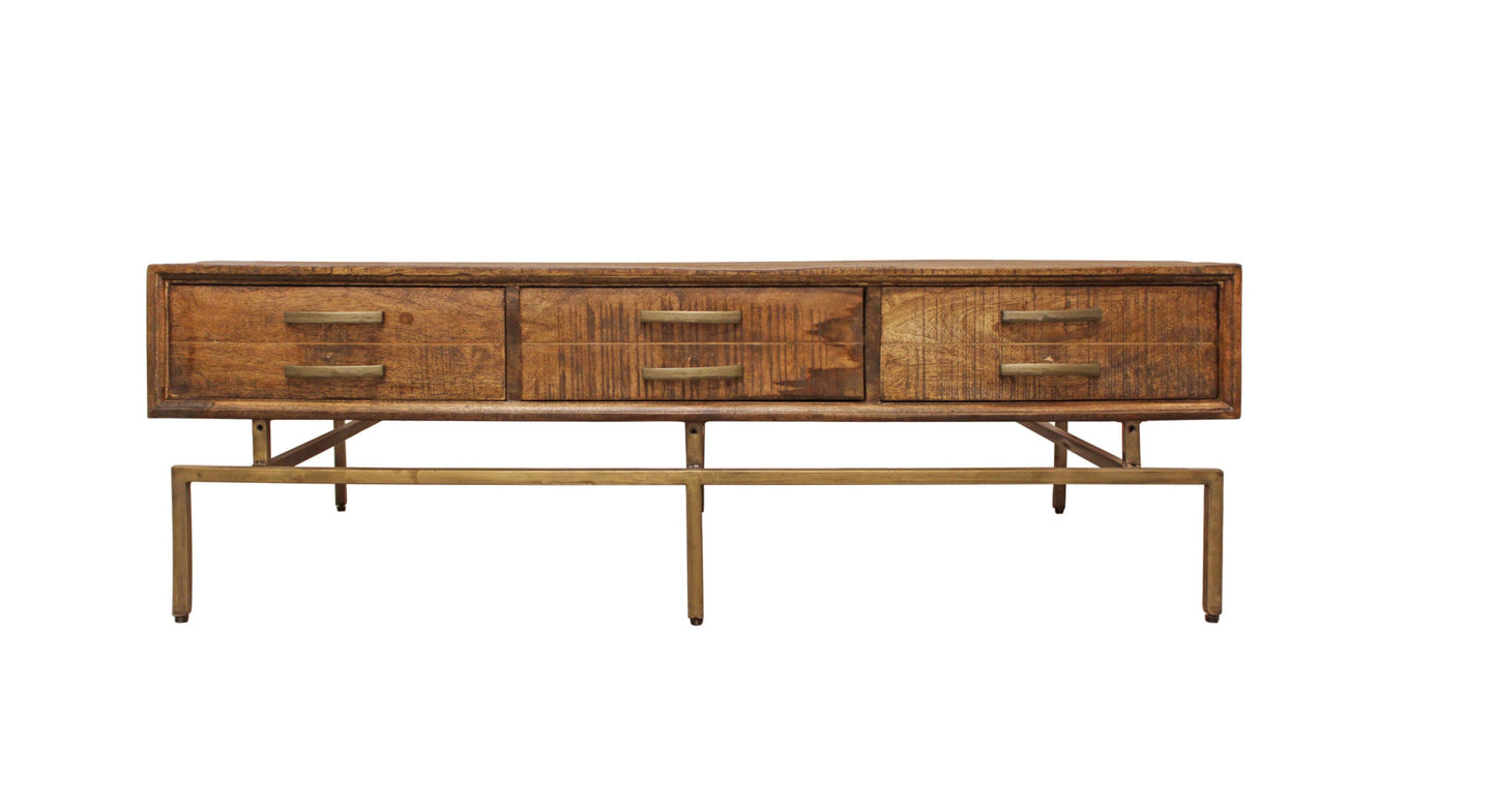 Brown & Brass Solid Wood & Iron Distressed Frame Coffee Table w/ Six Drawers image 2