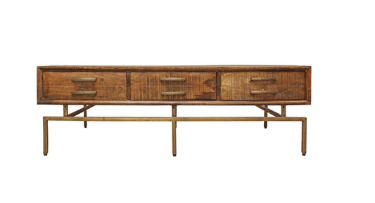 Brown & Brass Solid Wood & Iron Distressed Frame Coffee Table w/ Six Drawers image 2