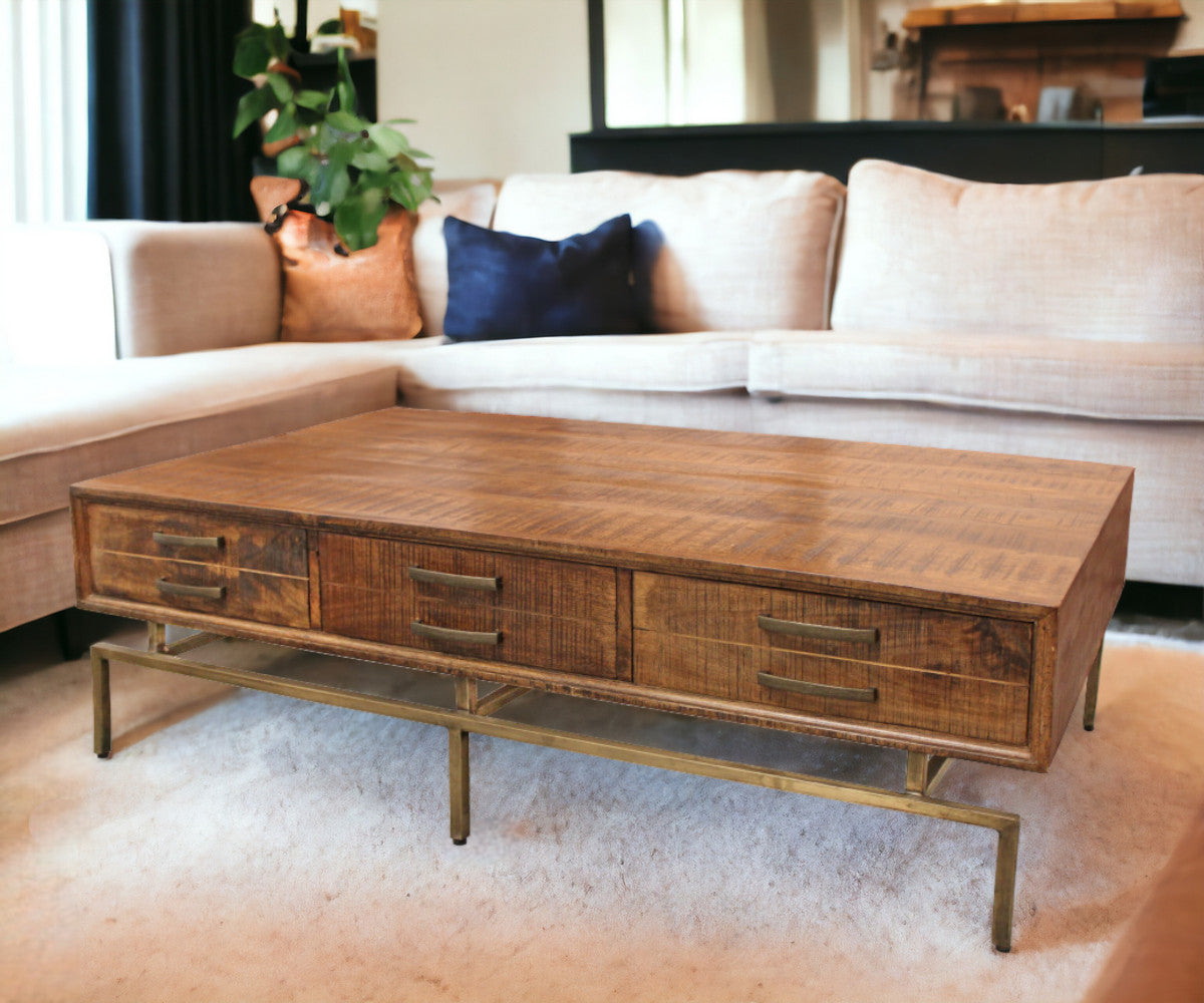 Brown & Brass Solid Wood & Iron Distressed Frame Coffee Table w/ Six Drawers image 1
