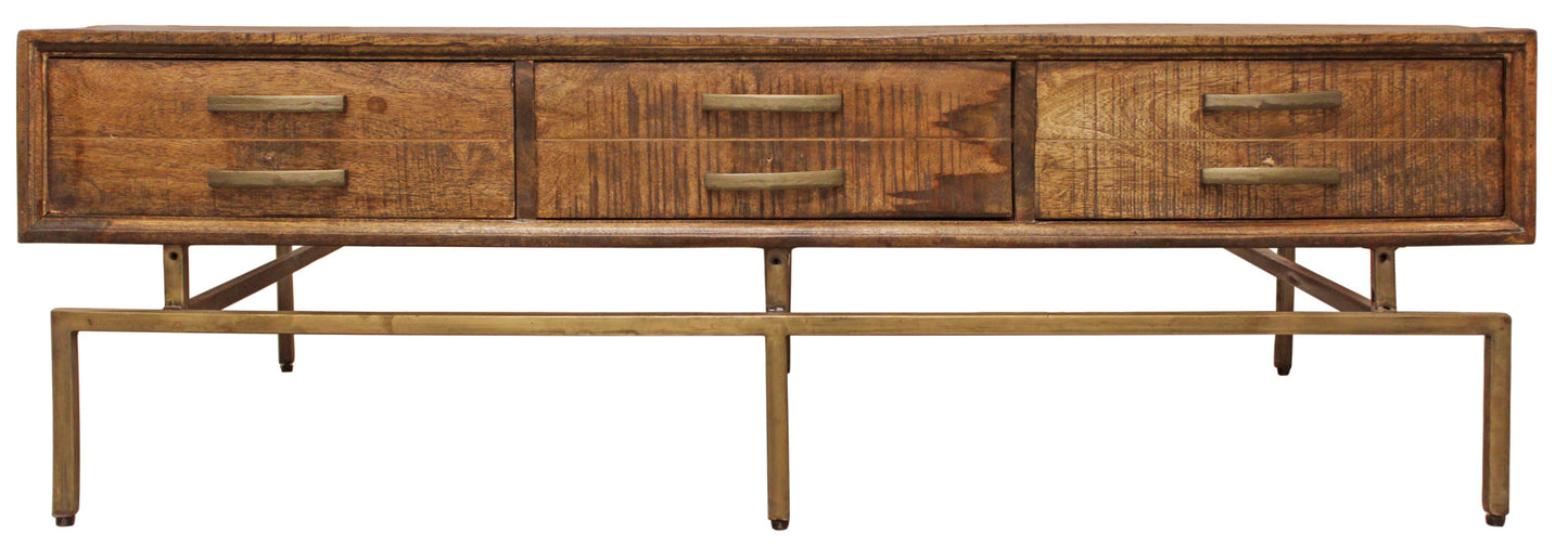 Brown & Brass Solid Wood & Iron Distressed Frame Coffee Table w/ Six Drawers image 5