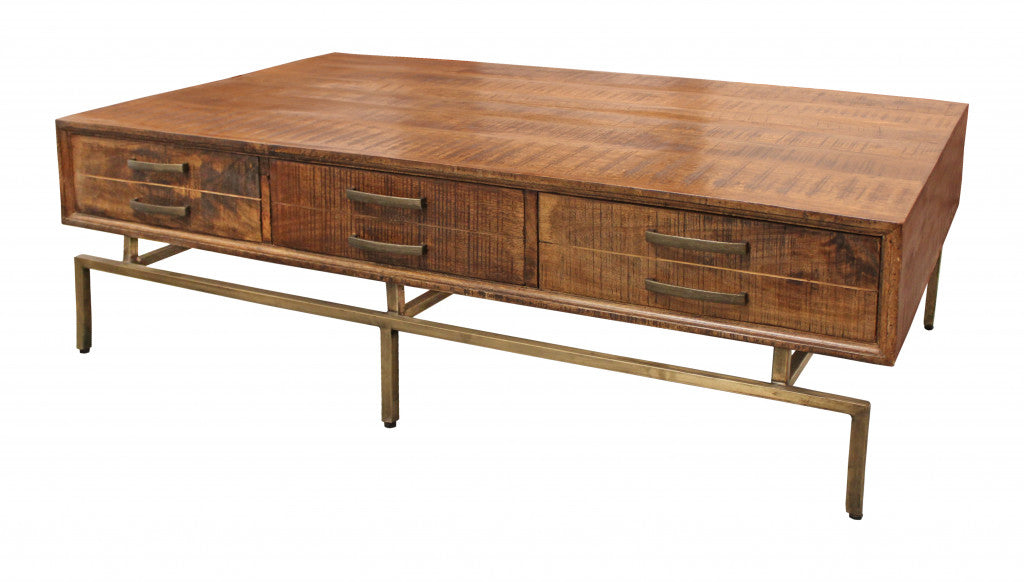 Brown & Brass Solid Wood & Iron Distressed Frame Coffee Table w/ Six Drawers image 4