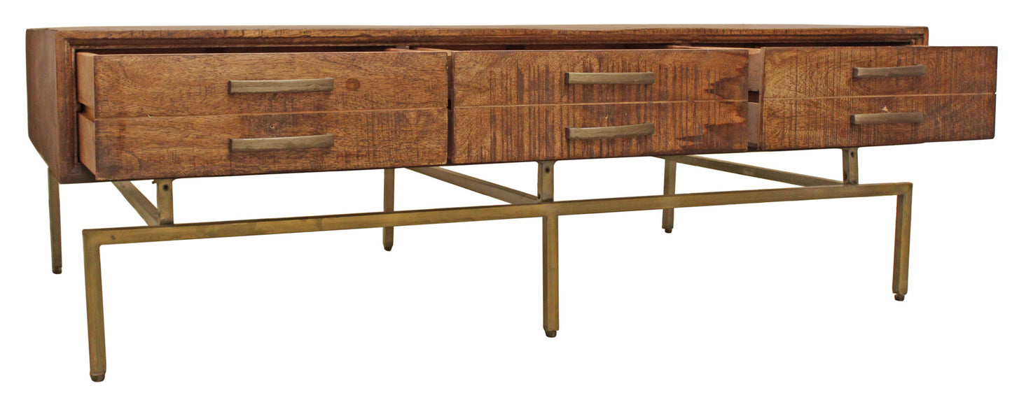 Brown & Brass Solid Wood & Iron Distressed Frame Coffee Table w/ Six Drawers image 3