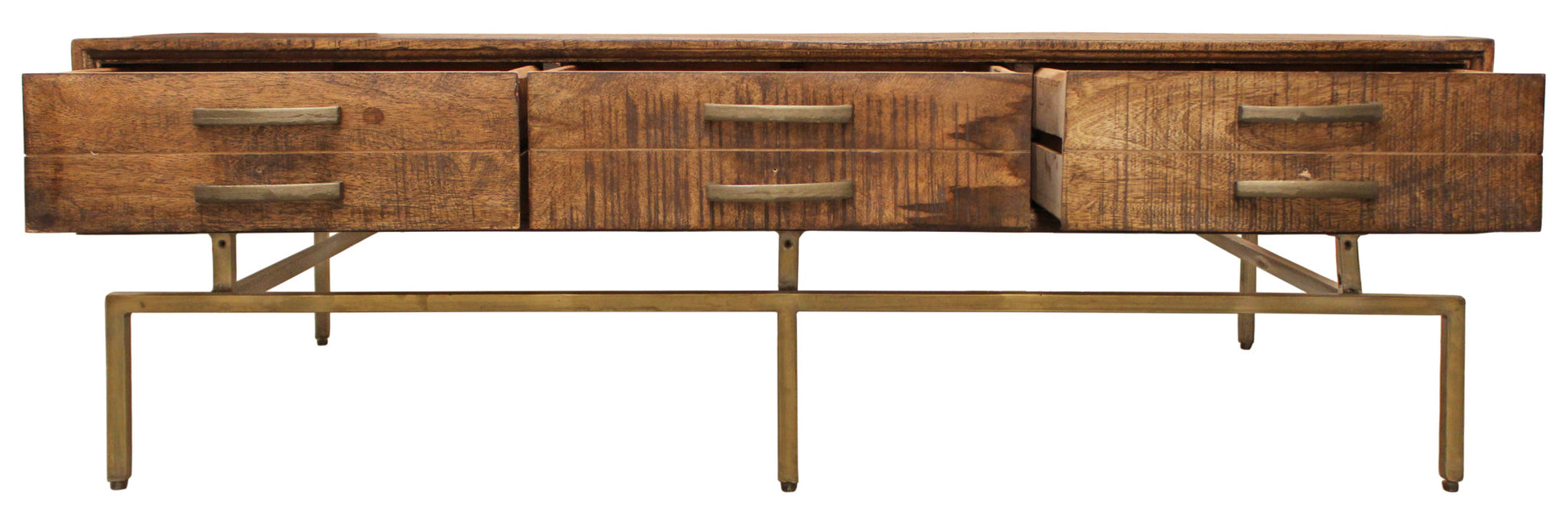 Brown & Brass Solid Wood & Iron Distressed Frame Coffee Table w/ Six Drawers image 6