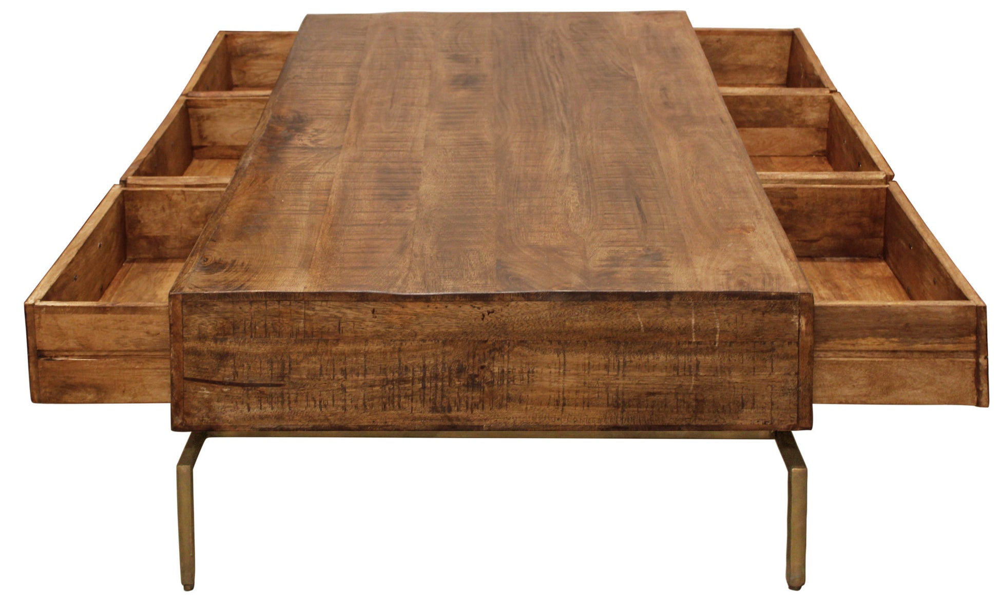 Brown & Brass Solid Wood & Iron Distressed Frame Coffee Table w/ Six Drawers image 8