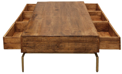 Brown & Brass Solid Wood & Iron Distressed Frame Coffee Table w/ Six Drawers image 8