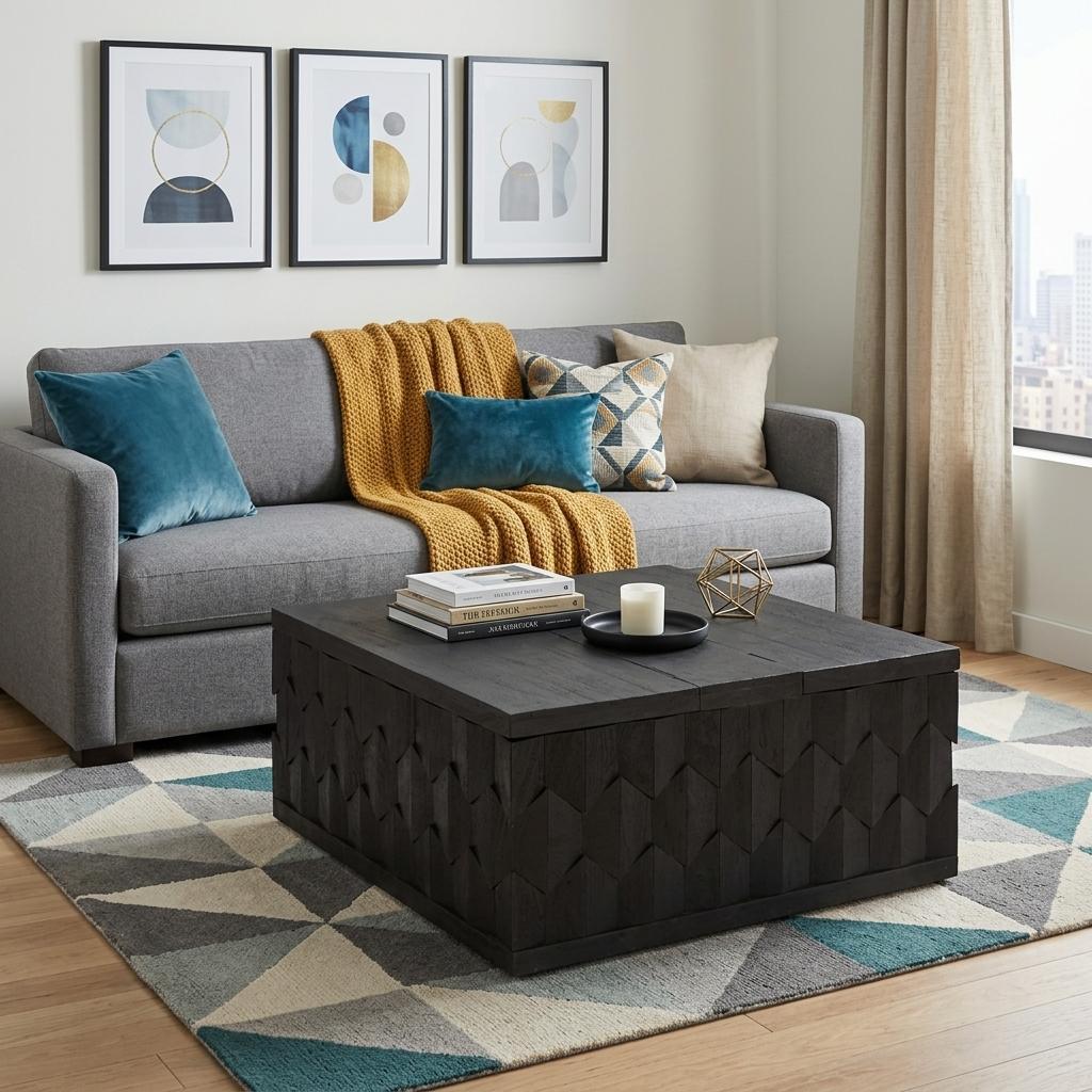 Dark Gray Solid Wood Square Distressed Solid Trunk Coffee Table image 1