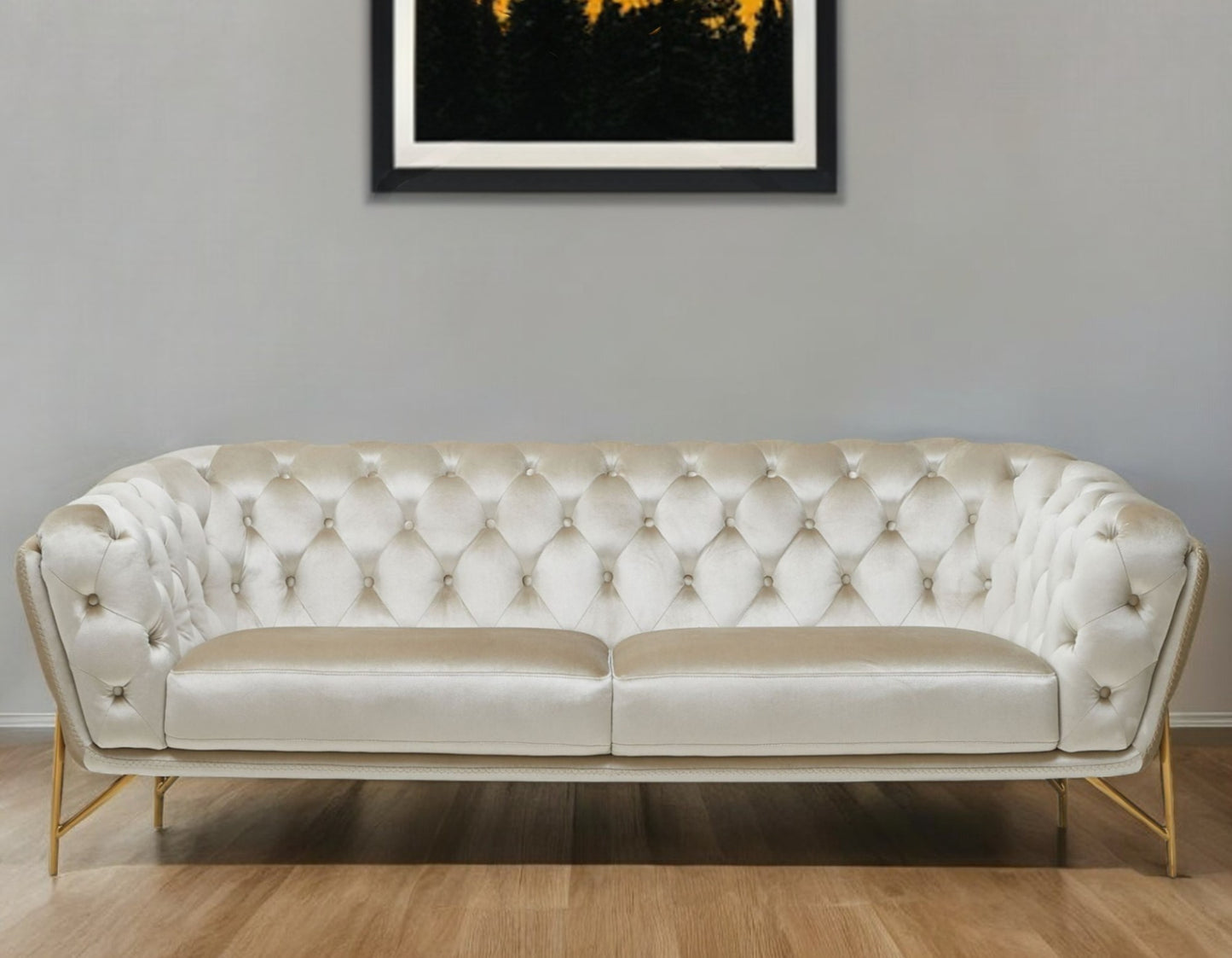 Beige Velvet Sofa With Gold Legs