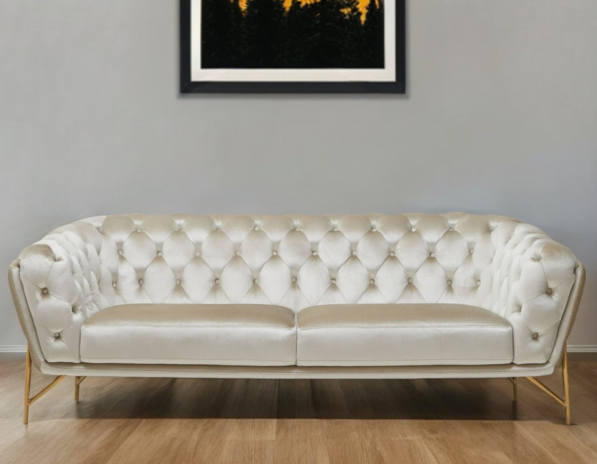 Beige Velvet Sofa With Gold Legs