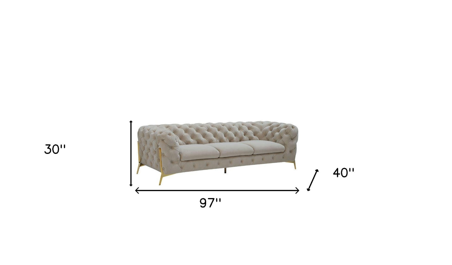 Beige Velvet Chesterfield Sofa With Gold Legs
