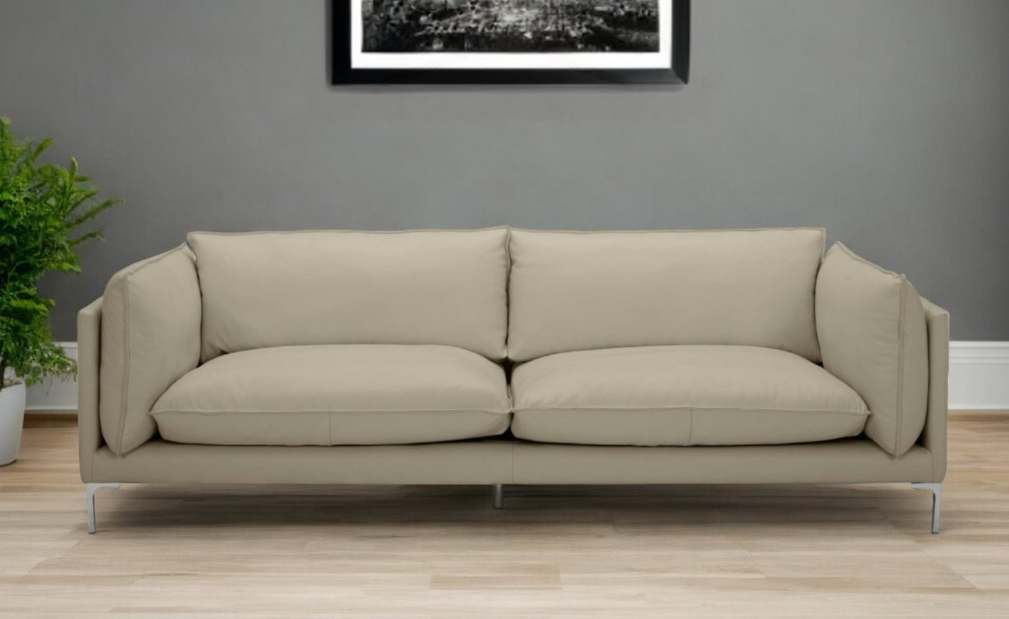 Taupe Leather Sofa With Silver Legs