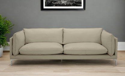 Taupe Leather Sofa With Silver Legs