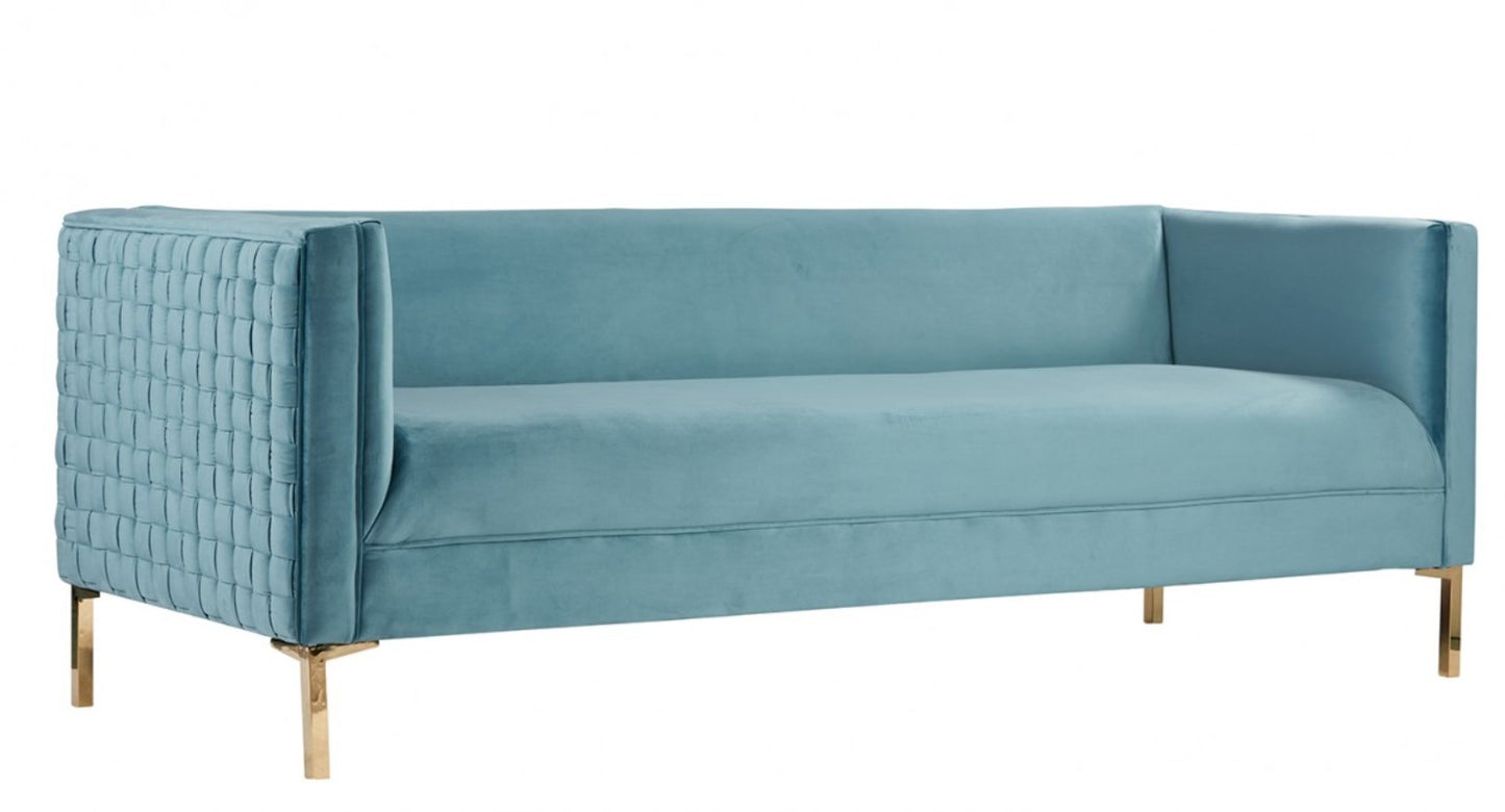 Teal Blue Velvet Sofa With Gold Legs