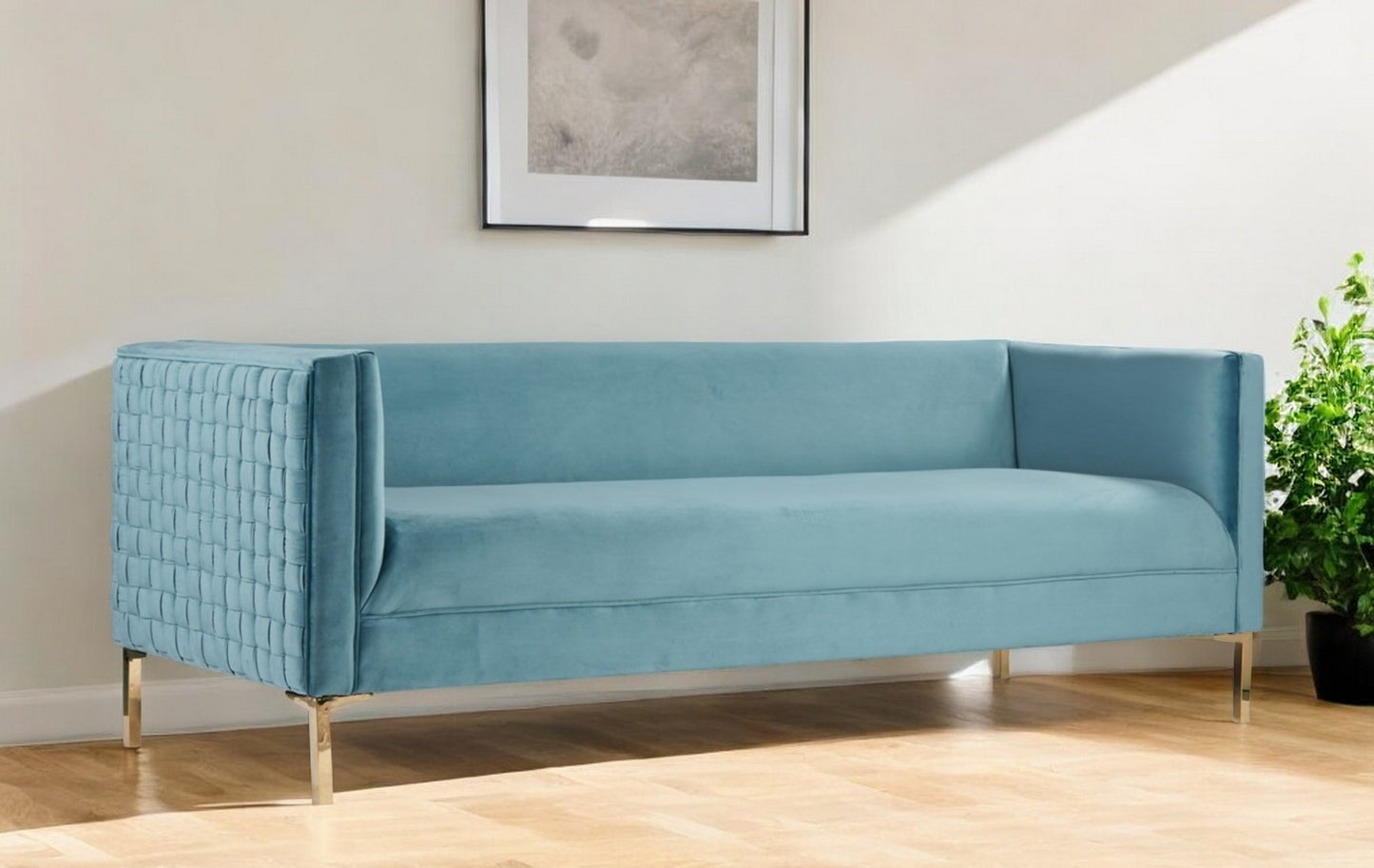 Teal Blue Velvet Sofa With Gold Legs