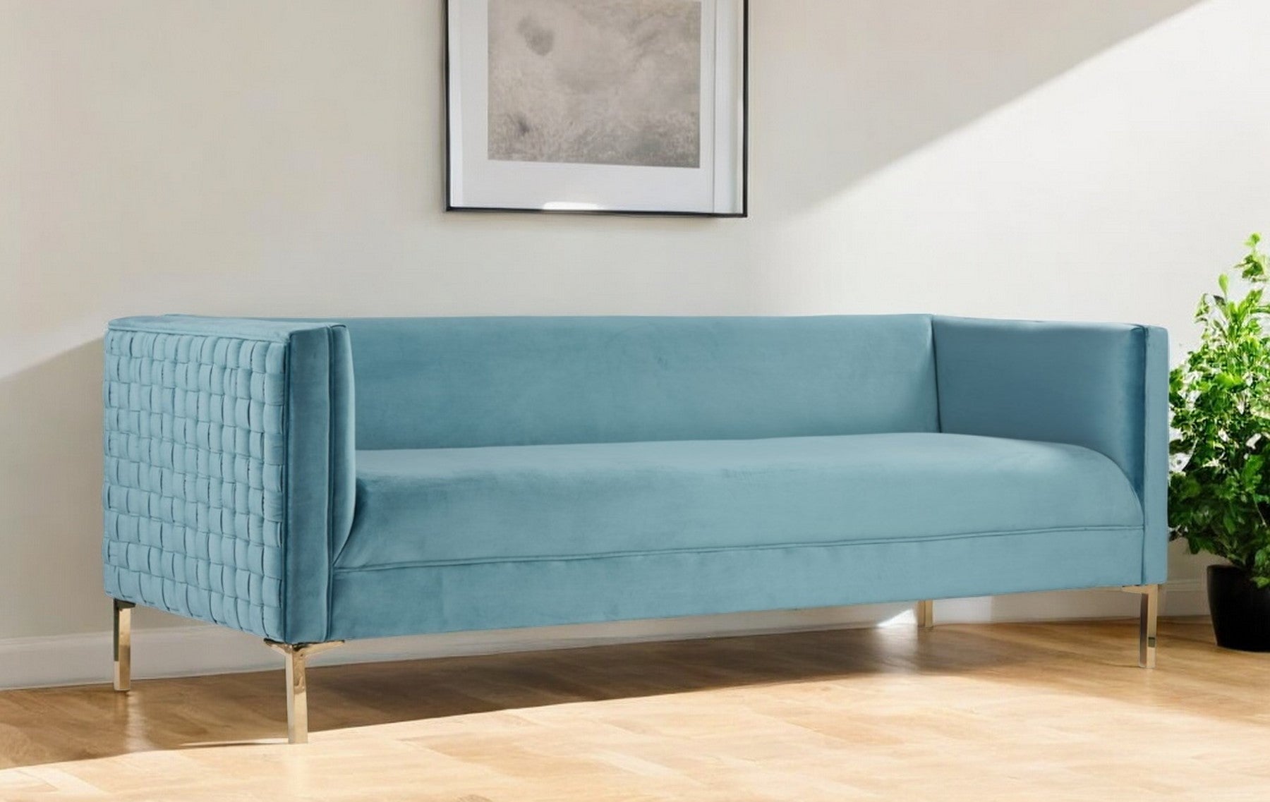 Teal Blue Velvet Sofa With Gold Legs