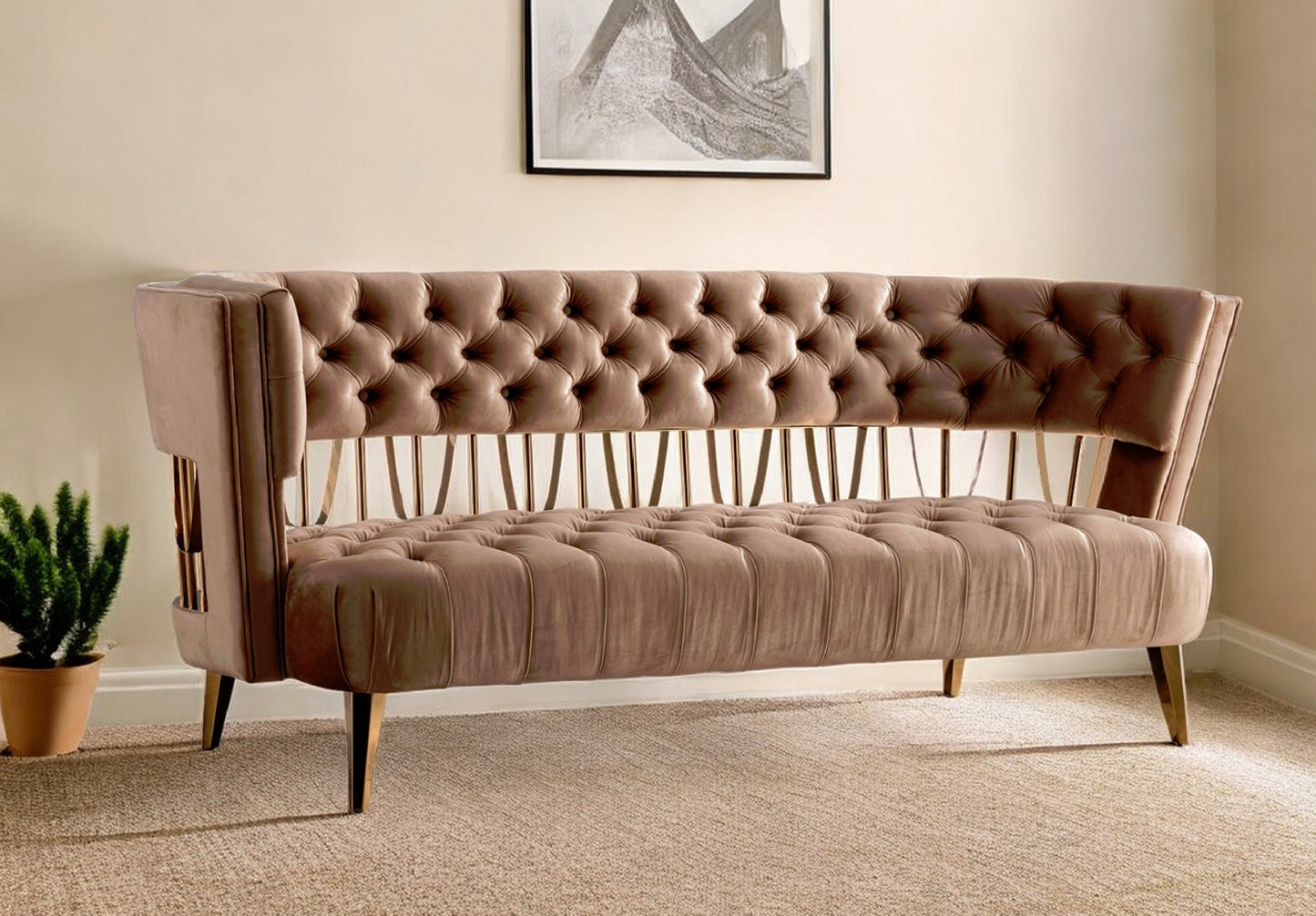Beige Velvet Sofa With Gold Legs