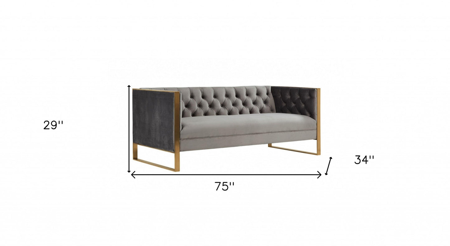 Gray Velvet Sofa With Gold Legs
