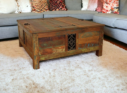 Rustic Brown Reclaimed Wood Square Lift Top Coffee Table
