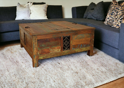Rustic Brown Reclaimed Wood Square Lift Top Coffee Table