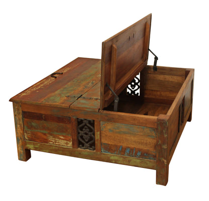 Rustic Brown Reclaimed Wood Square Lift Top Coffee Table