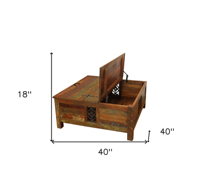 Rustic Brown Reclaimed Wood Square Lift Top Coffee Table