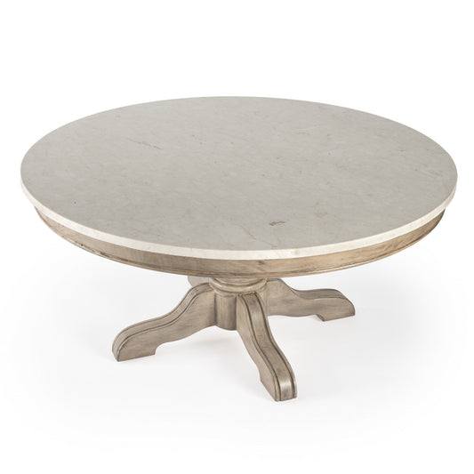 Beige & Off White Genuine Marble Round Distressed Coffee Table