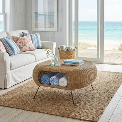 Natural & Black Rattan & Iron Oval Coffee Table image 1