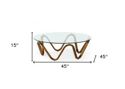 Clear & Brown Glass & Solid Wood Round Coffee Table