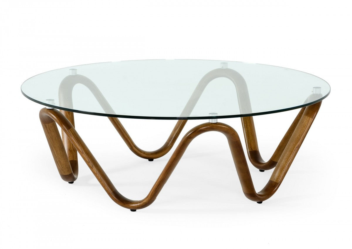 Clear & Brown Glass & Solid Wood Round Coffee Table