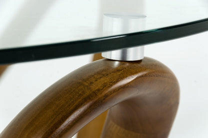 Clear & Brown Glass & Solid Wood Round Coffee Table