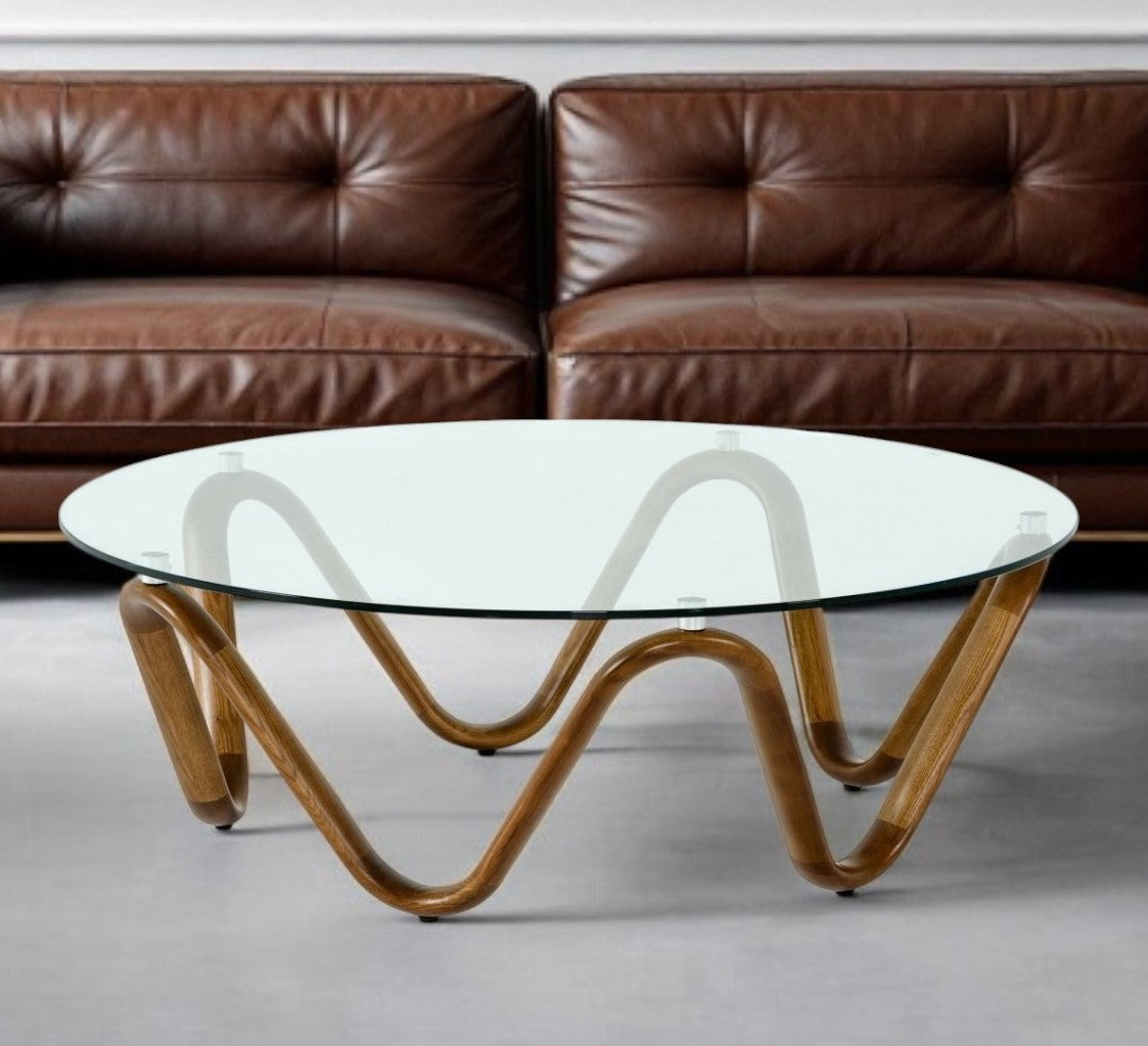 Clear & Brown Glass & Solid Wood Round Abstract Coffee Table image 1