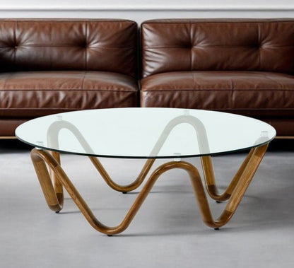 Clear & Brown Glass & Solid Wood Round Abstract Coffee Table image 1