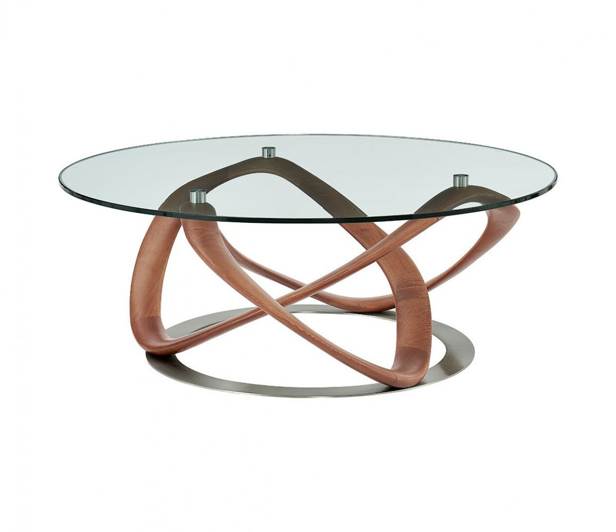 Clear & Brown Glass & Solid Wood Round Coffee Table
