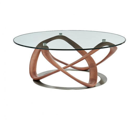 Clear & Brown Glass & Solid Wood Round Coffee Table
