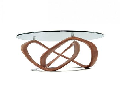 Clear & Brown Glass & Solid Wood Round Coffee Table
