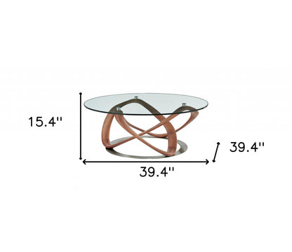 Clear & Brown Glass & Solid Wood Round Abstract Coffee Table image 5