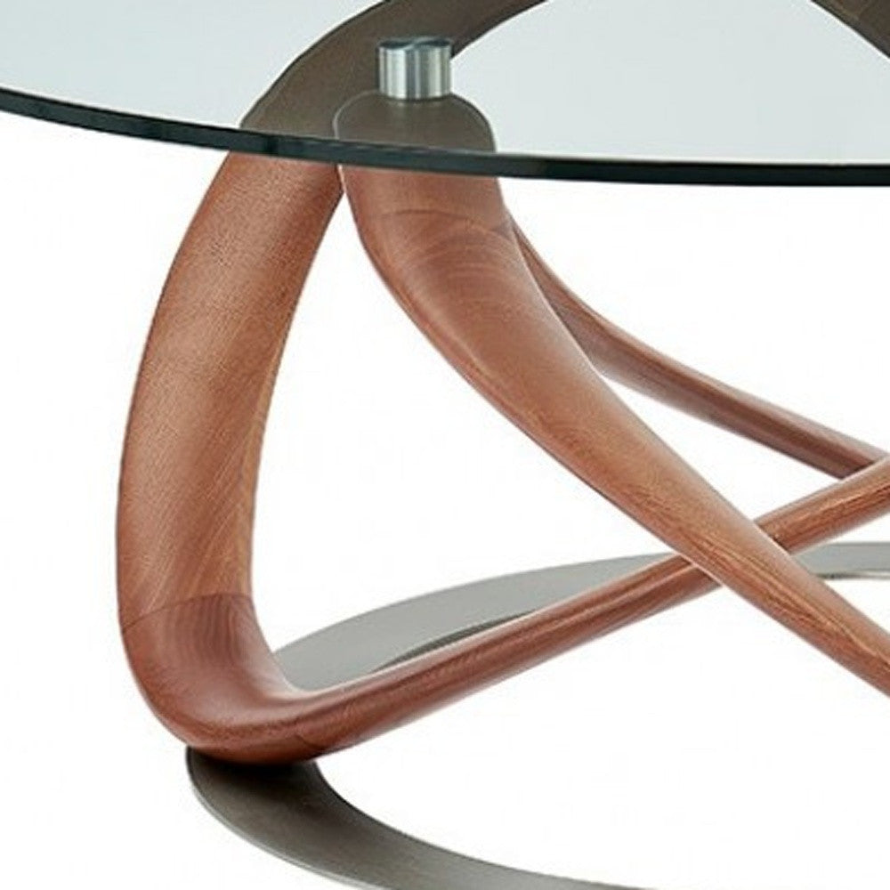 Clear & Brown Glass & Solid Wood Round Coffee Table